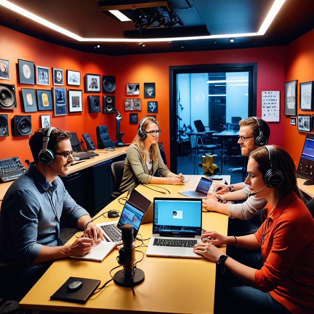 A vibrant studio scene depicting a diverse group of podcasters passionately discussing around a modern recording table, surrounded by microphones and headphones. Include sound waves emanating from speakers, colorful sound panels on the walls, and a notebook filled with creative ideas. Capture the energy and collaboration in the air, with warm lighting enhancing the inviting atmosphere. super-realistic. vibrant colors. dynamic composition.