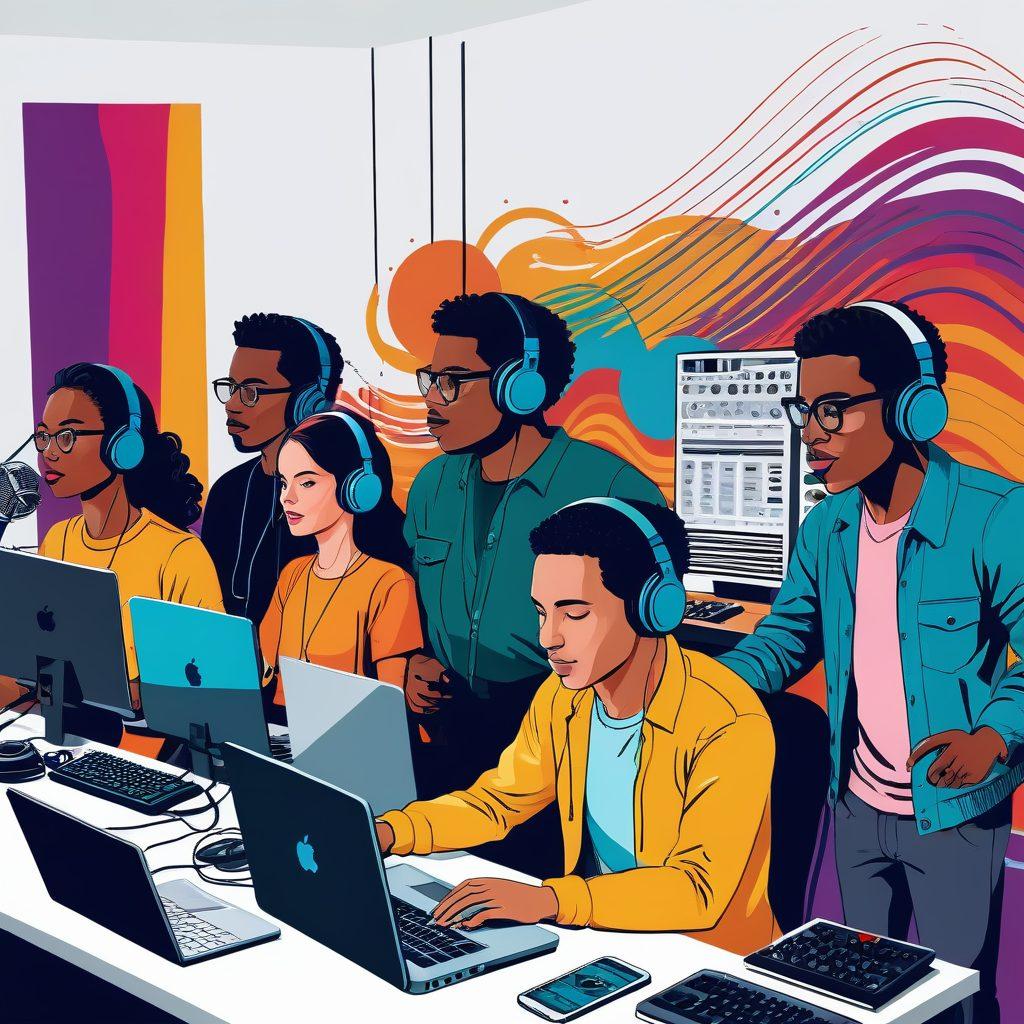 A dynamic scene featuring a diverse group of people engaged in podcasting: one person speaking into a vintage microphone, another managing audio equipment, and a third editing on a laptop, surrounded by sound waves and colorful soundbars. The background includes elements like headphones, notes, and a cozy studio setting, conveying creativity and energy. Artistic style: vector art. vibrant colors. white background.