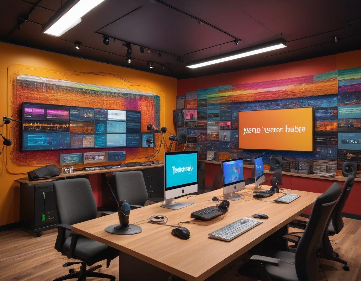 A bustling podcast studio filled with diverse podcasters engaged in lively discussions, surrounded by microphones, headphones, and colorful sound waves radiating from the speakers. In the background, a whiteboard showcases growth strategies, community engagement ideas, and a vibrant audience interacting online via screens. The atmosphere is energetic and collaborative, symbolizing the essence of building a podcast empire. super-realistic. vibrant colors. 3D.